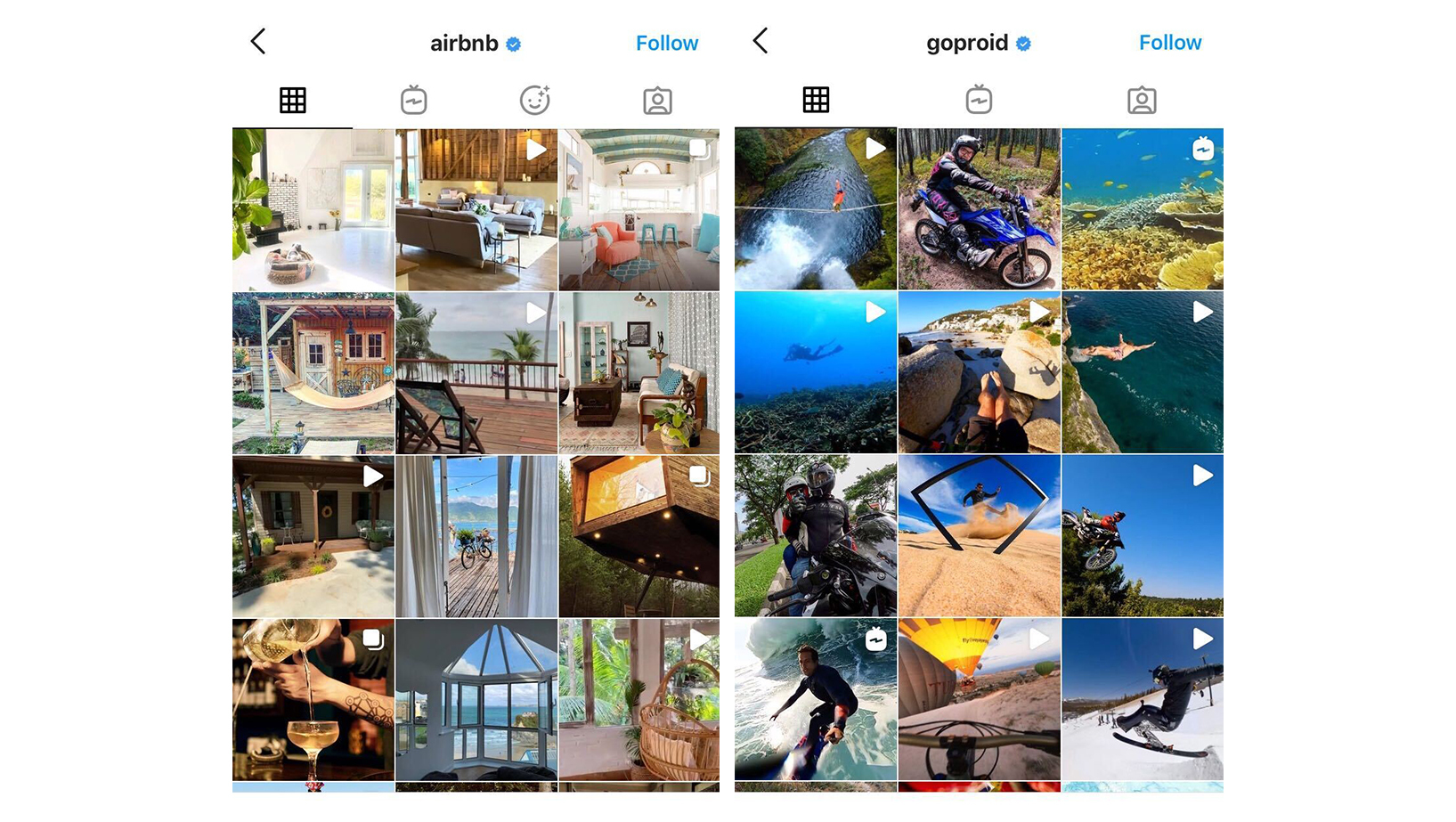 Akun Instagram @airbnb dan @goproid yang dipenuhi oleh UGC dari para customer-nya